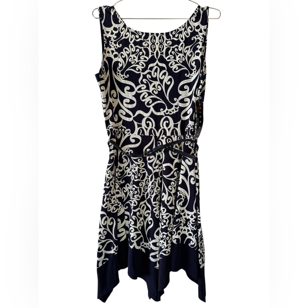 Tiana B Blue White Belted Sleeveless Asymmetric Handkerchief Hem ModCloth Dress